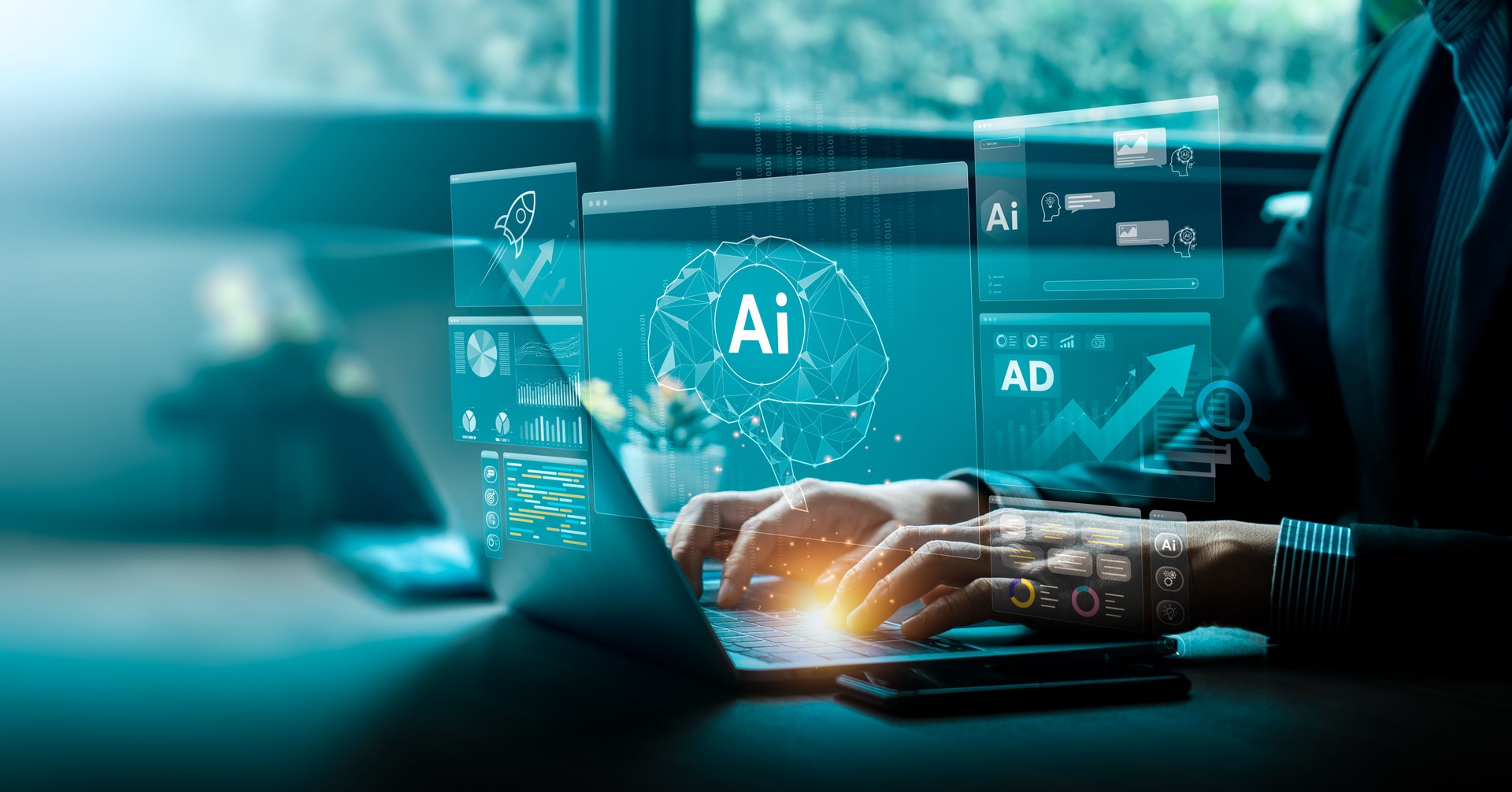 Business Professional Analyzing AI-Generated Data and Graphs on Laptop, Leveraging Advanced Technology for Digital Growth and Business Strategy, Digital Network for Business and Future Technology, AI-powered Marketing, Transform Clicks Into Customers