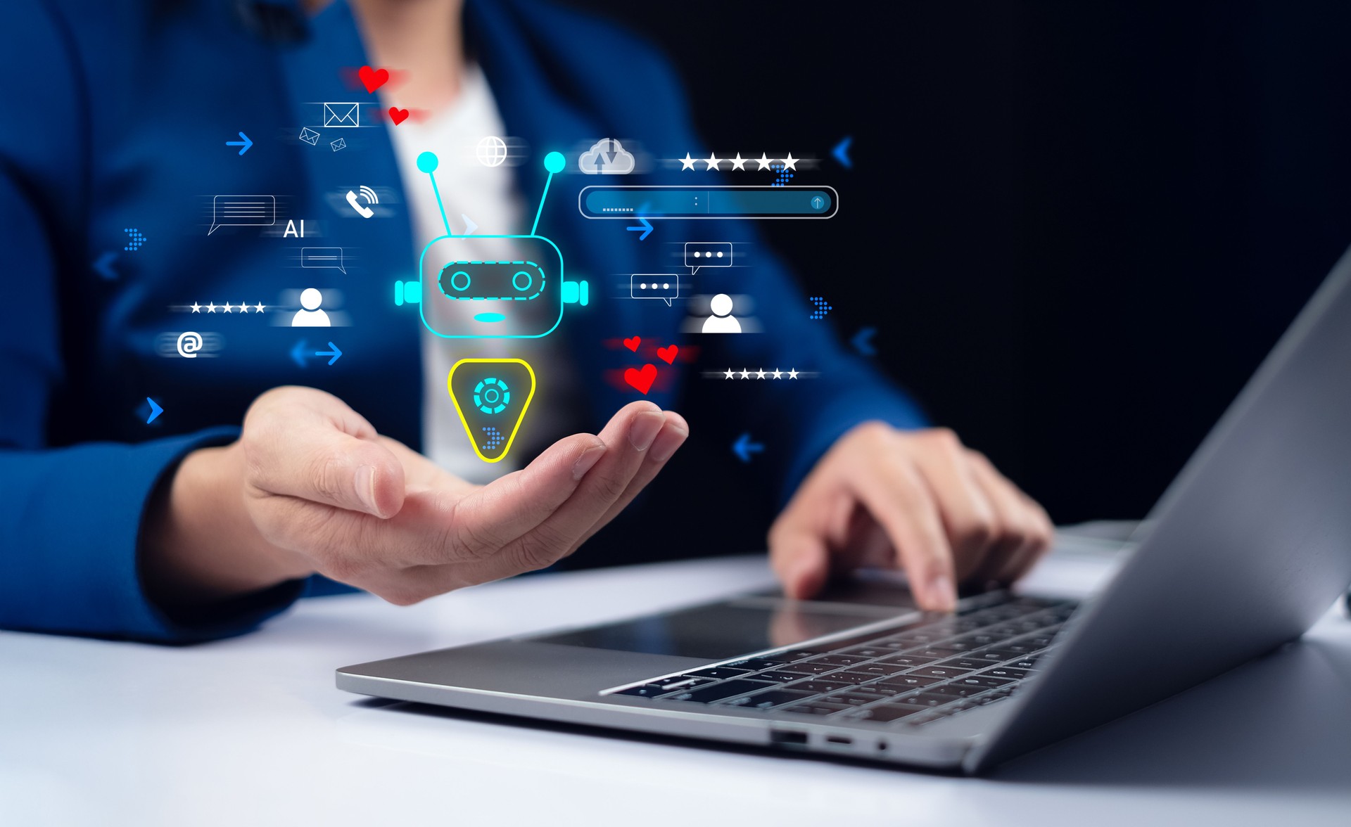 AI Search engine optimization SEO, Searching information website communication interacts with a virtual robot interface, technology and innovation. search global network excellent internet 6g social