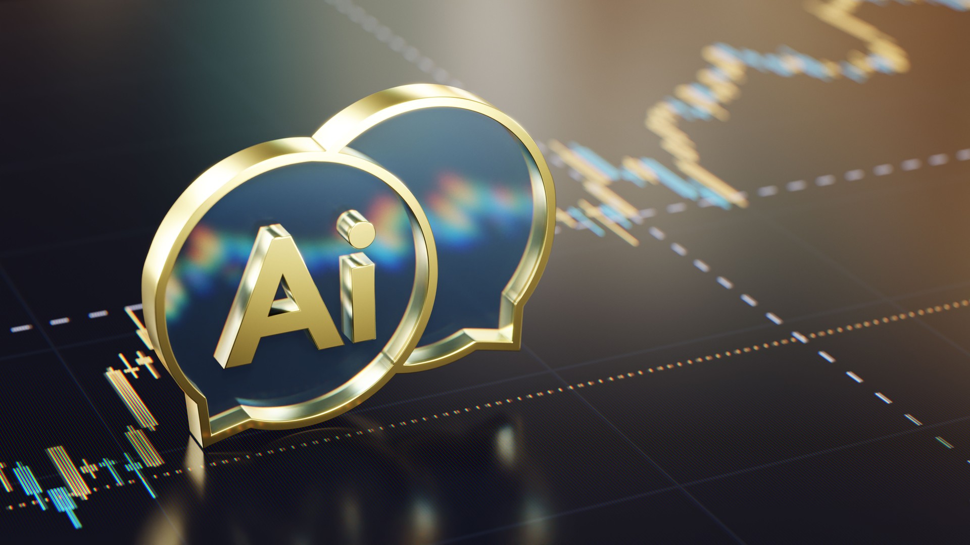 Golden AI Dialog Icons with Stock Market Graph in Background