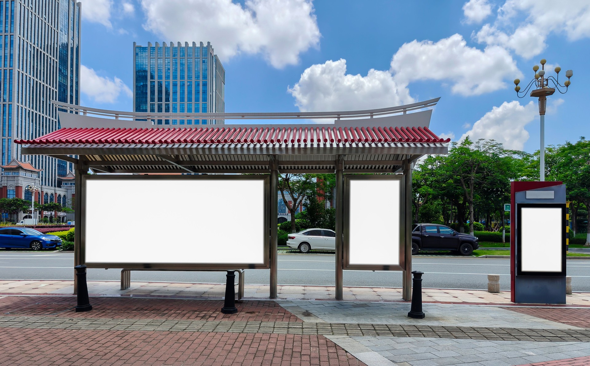 Blank billboard at bus stop