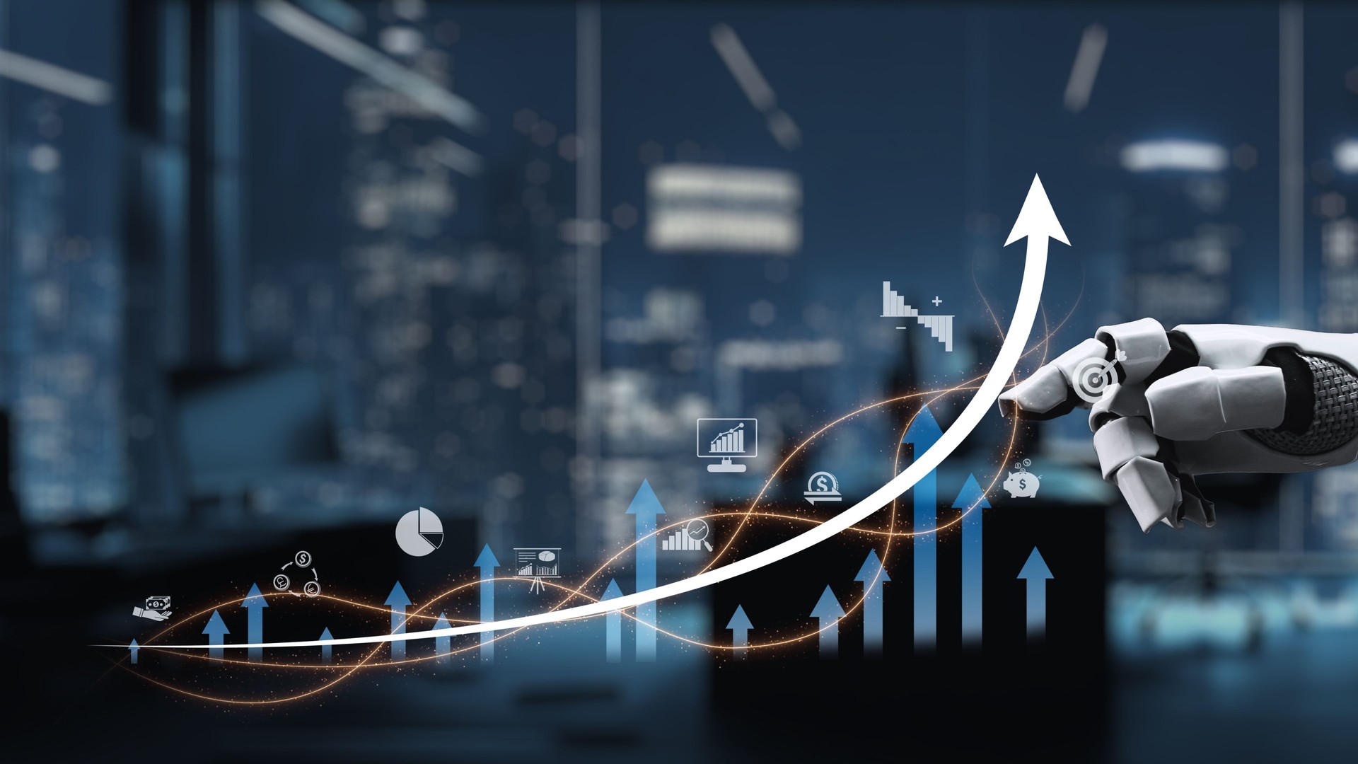 Futuristic Robot Hand Pointing at Growing Graphs and Data Representations in Modern Office Environment Showing Business Success and Technology Integration. Auvana