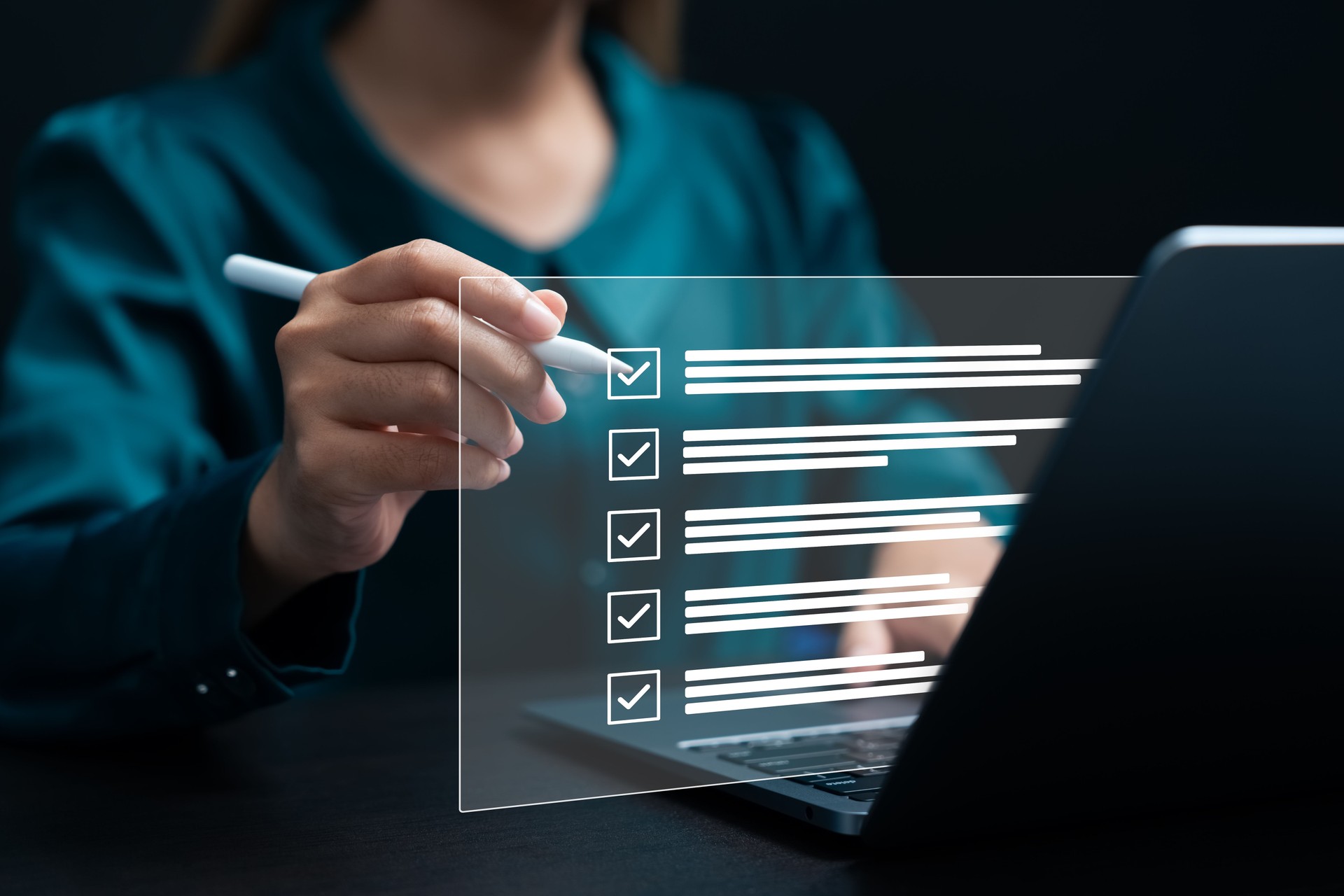 A businesswoman leverage online surveys and digital tools to gather insights.